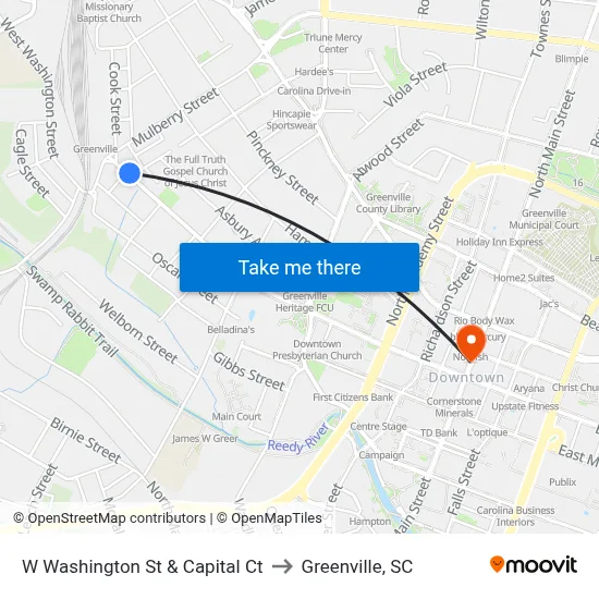 W Washington St & Capital Ct to Greenville, SC map