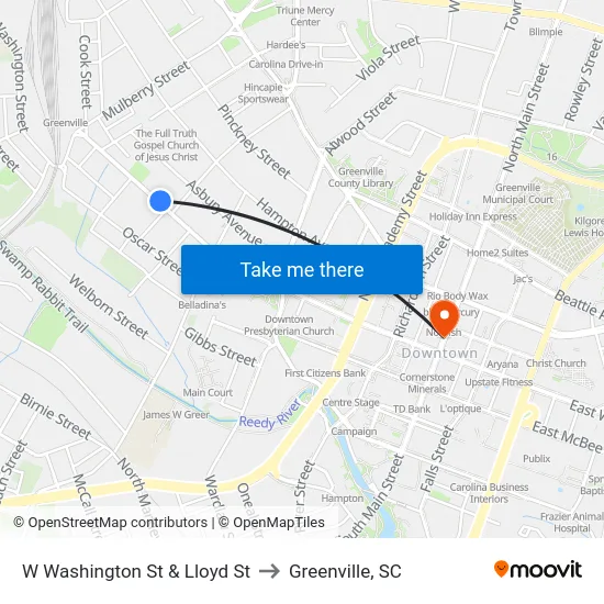 W Washington St & Lloyd St to Greenville, SC map