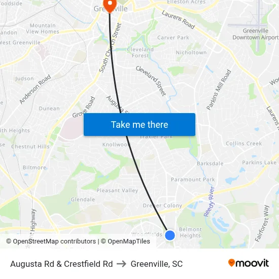 Augusta Rd & Crestfield Rd to Greenville, SC map