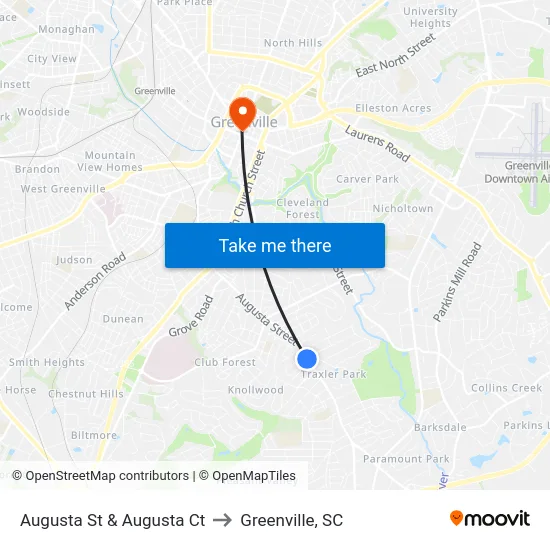 Augusta St & Augusta Ct to Greenville, SC map