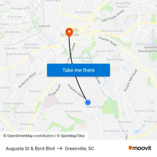 Augusta St & Byrd Blvd to Greenville, SC map