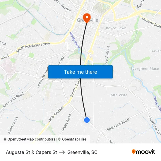 Augusta St & Capers St to Greenville, SC map