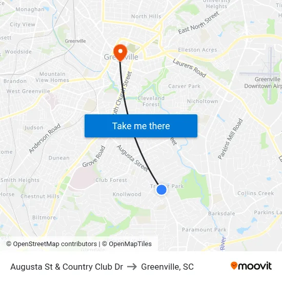 Augusta St & Country Club Dr to Greenville, SC map