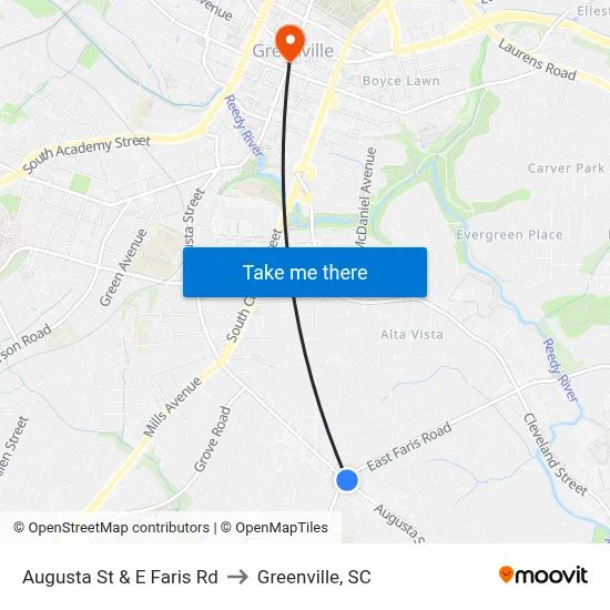 Augusta St & E Faris Rd to Greenville, SC map