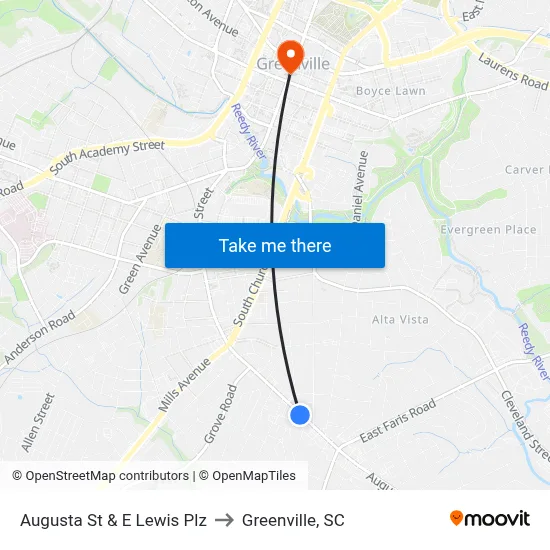 Augusta St & E Lewis Plz to Greenville, SC map