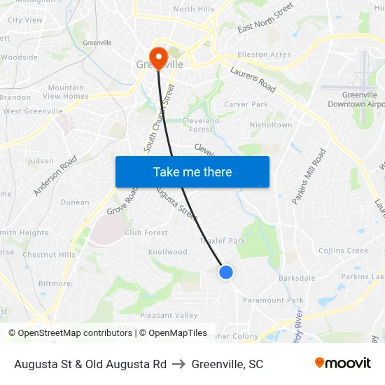 Augusta St & Old Augusta Rd to Greenville, SC map