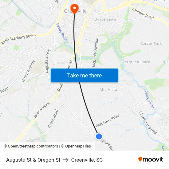 Augusta St & Oregon St to Greenville, SC map