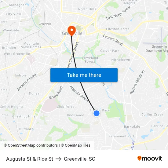 Augusta St & Rice St to Greenville, SC map
