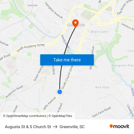 Augusta St & S Church St to Greenville, SC map