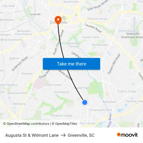 Augusta St & Wilmont Lane to Greenville, SC map