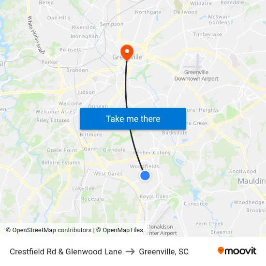 Crestfield Rd & Glenwood Lane to Greenville, SC map