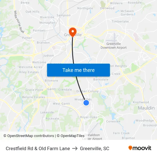 Crestfield Rd & Old Farm Lane to Greenville, SC map