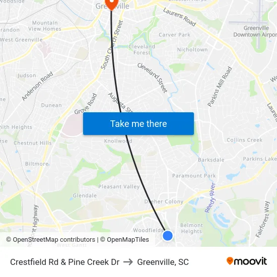 Crestfield Rd & Pine Creek Dr to Greenville, SC map