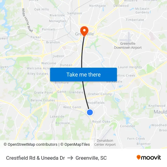 Crestfield Rd & Uneeda Dr to Greenville, SC map