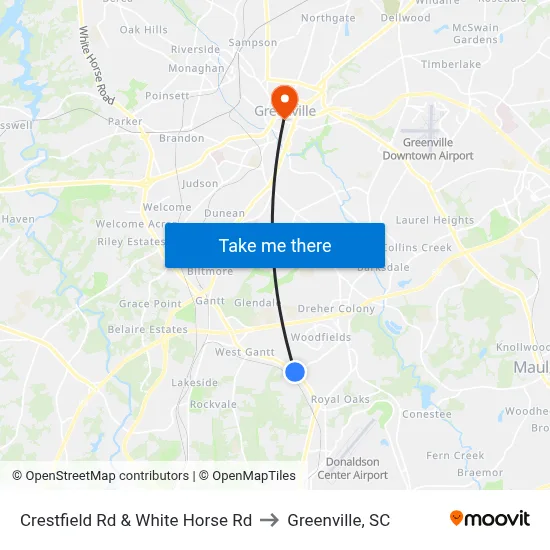 Crestfield Rd & White Horse Rd to Greenville, SC map