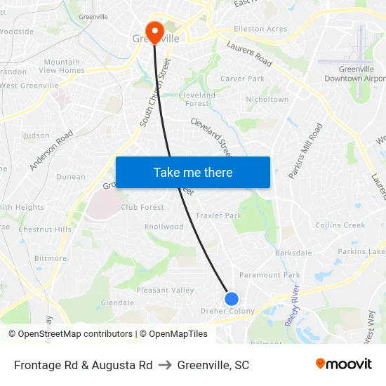 Frontage Rd & Augusta Rd to Greenville, SC map