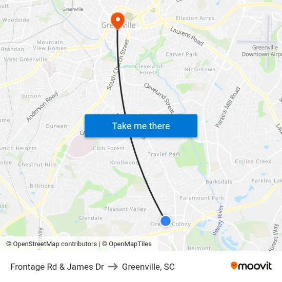 Frontage Rd & James Dr to Greenville, SC map