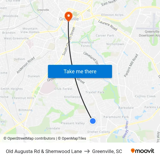 Old Augusta Rd & Shemwood Lane to Greenville, SC map