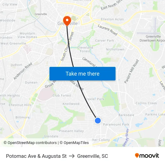 Potomac Ave & Augusta St to Greenville, SC map