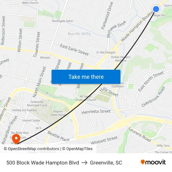 500 Block Wade Hampton Blvd to Greenville, SC map