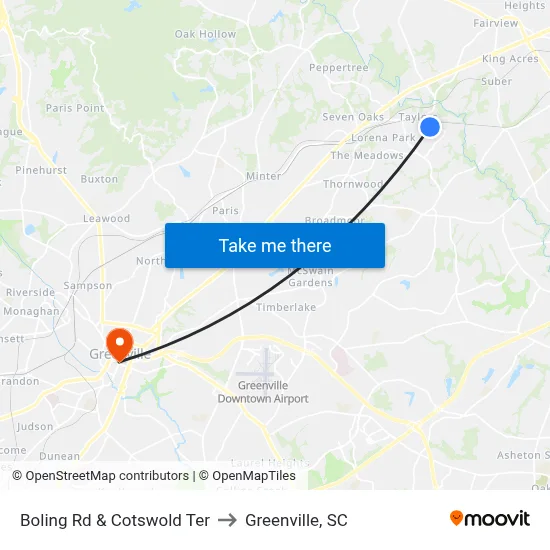 Boling Rd & Cotswold Ter to Greenville, SC map