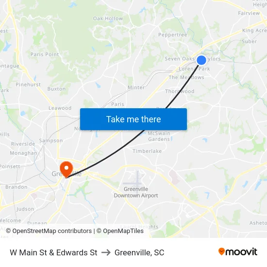 W Main St & Edwards St to Greenville, SC map