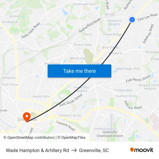 Wade Hampton & Artillery Rd to Greenville, SC map