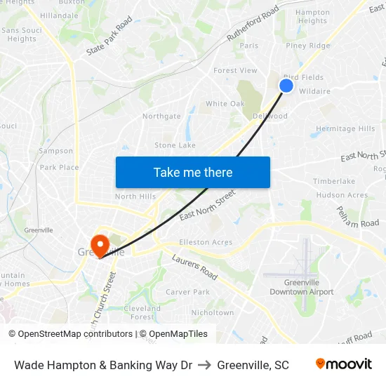 Wade Hampton & Banking Way Dr to Greenville, SC map