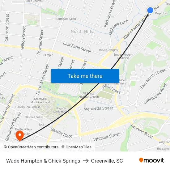 Wade Hampton & Chick Springs to Greenville, SC map