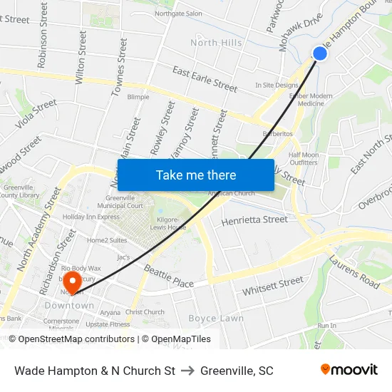 Wade Hampton & N Church St to Greenville, SC map