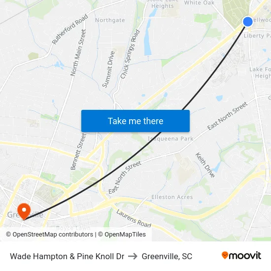 Wade Hampton & Pine Knoll Dr to Greenville, SC map