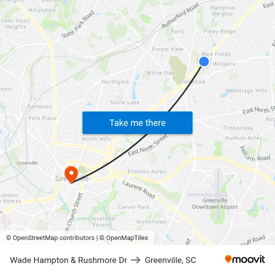 Wade Hampton & Rushmore Dr to Greenville, SC map