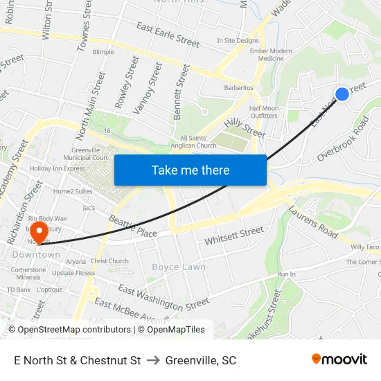 E North St & Chestnut St to Greenville, SC map