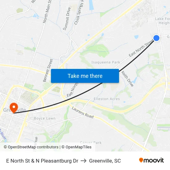 E North St & N Pleasantburg Dr to Greenville, SC map