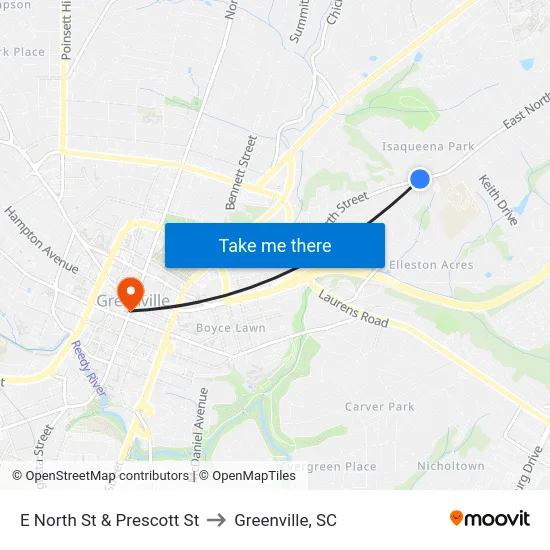 E North St & Prescott St to Greenville, SC map