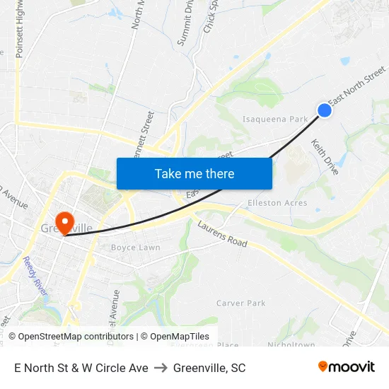 E North St & W Circle Ave to Greenville, SC map
