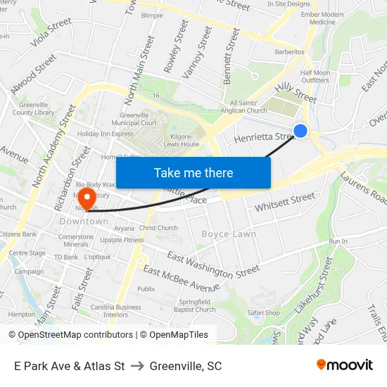 E Park Ave & Atlas St to Greenville, SC map