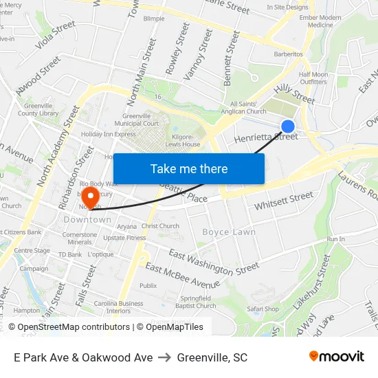 E Park Ave & Oakwood Ave to Greenville, SC map