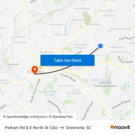 Pelham Rd & E North St (Ob) to Greenville, SC map