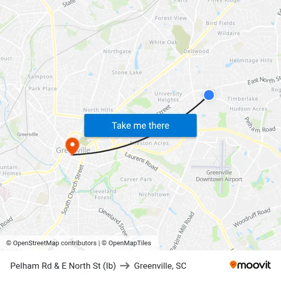 Pelham Rd & E North St (Ib) to Greenville, SC map