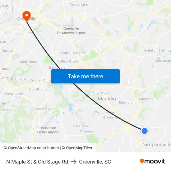 N Maple St & Old Stage Rd to Greenville, SC map
