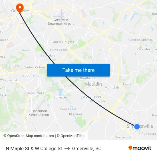 N Maple St & W College St to Greenville, SC map
