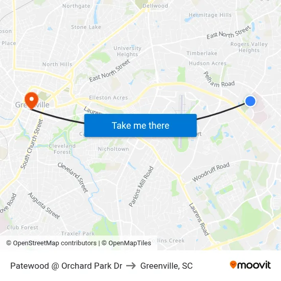 Patewood @ Orchard Park Dr to Greenville, SC map