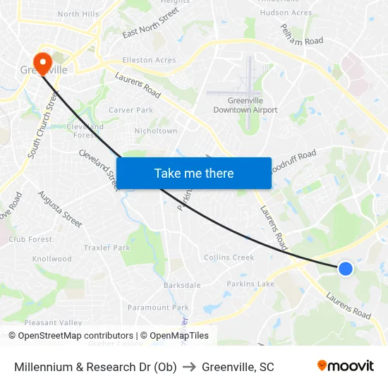 Millennium & Research Dr (Ob) to Greenville, SC map