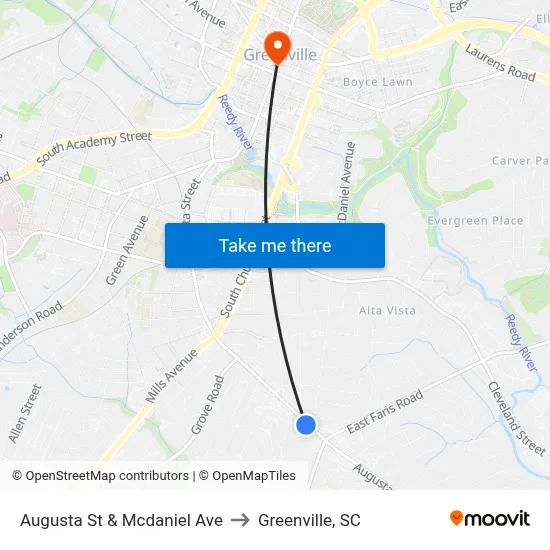 Augusta St & Mcdaniel Ave to Greenville, SC map