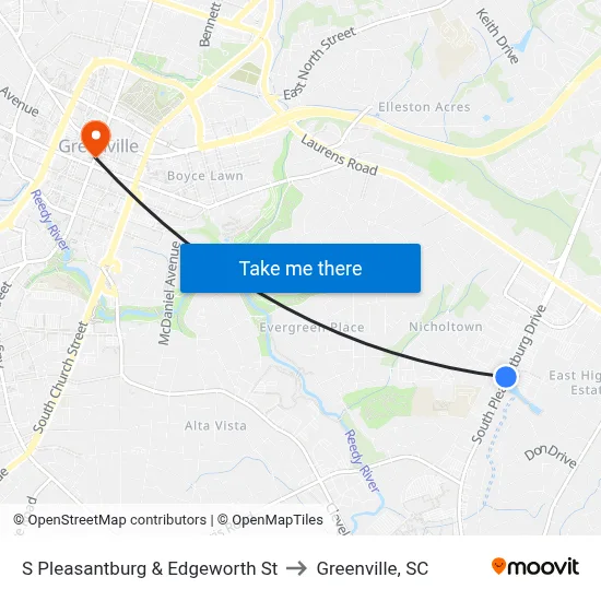 S Pleasantburg & Edgeworth St to Greenville, SC map