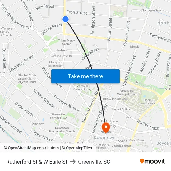 Rutherford St & W Earle St to Greenville, SC map