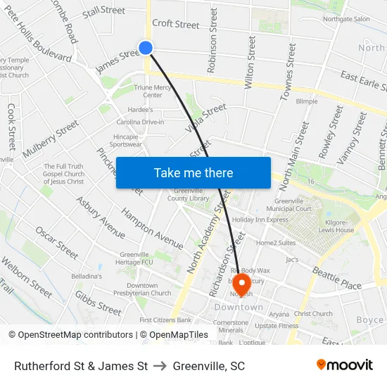 Rutherford St & James St to Greenville, SC map
