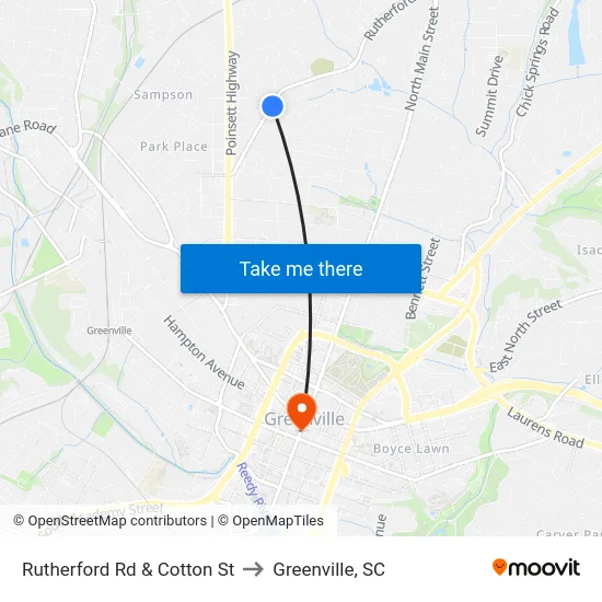 Rutherford Rd & Cotton St to Greenville, SC map
