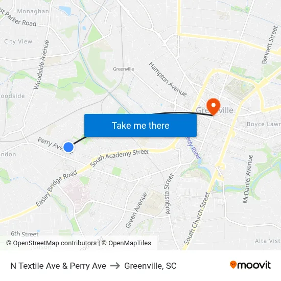 N Textile Ave & Perry Ave to Greenville, SC map